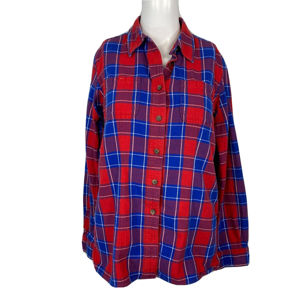 Duluth Trading Shirt Womens Sz S Red Blue Plaid Cotton Button Up Long Sleeve